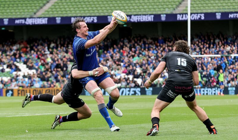 Leinster's Ryan Baird, who was outstanding throughout, offloads the ball. Photograph: Dan Sheridan/Inpho