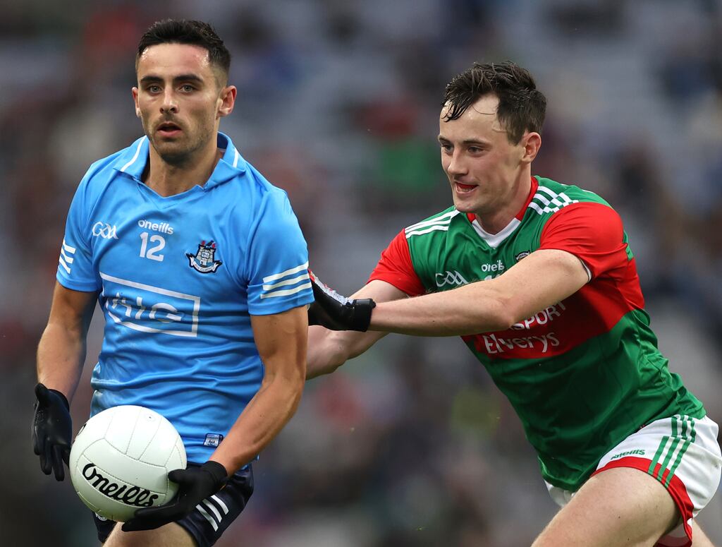 Dublin's Niall Scully and Diarmuid O’Connor of Mayo in the All-Ireland SFC semi-final at Croke Park on August 14th, 2021. Photograph: James Crombie/Inpho