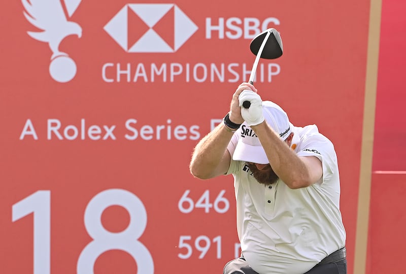 Shane Lowry of Ireland reacts to his tee shot on the 18th hole. Photograph: Ross Kinnaird/Getty