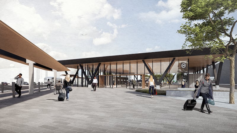A computer-generated image of the entrance to the proposed MetroLink station at Dublin Airport