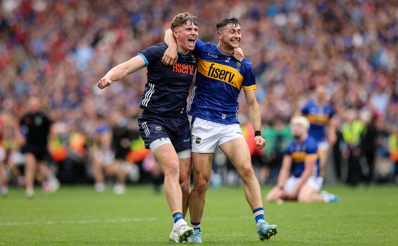 Tipperary's Rhys Shelly and Robert Doyle celebrate after the game. Photograph: Ryan Byrne/Inpho