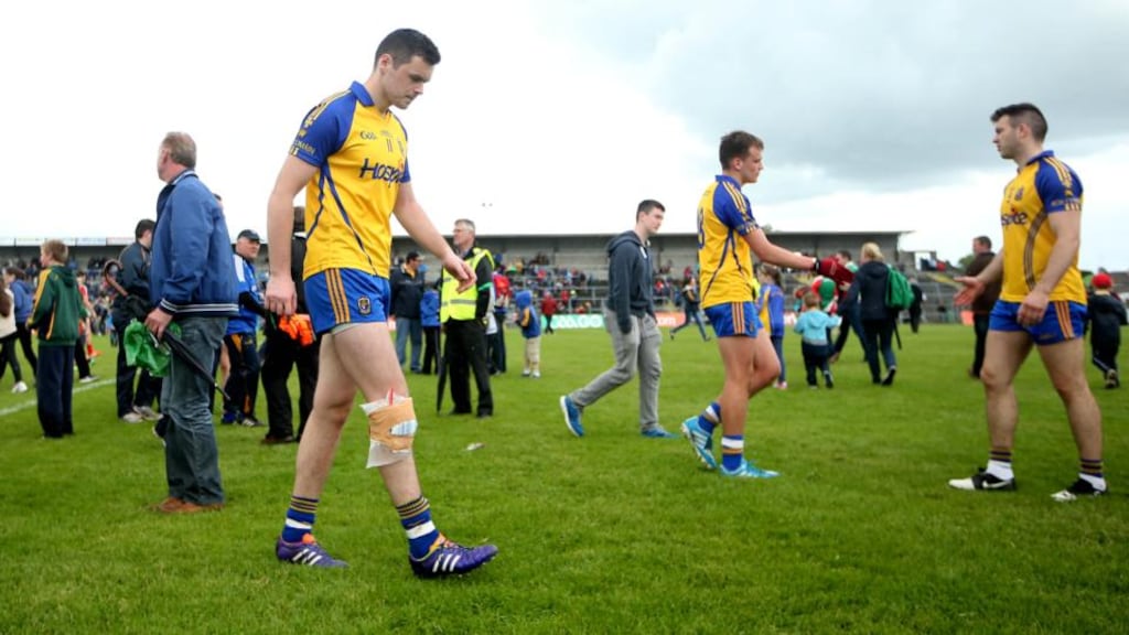 Donie Shine leaves the field injured after the Connacht championship game with Mayo in June. Photograph: James Crombie/Inpho