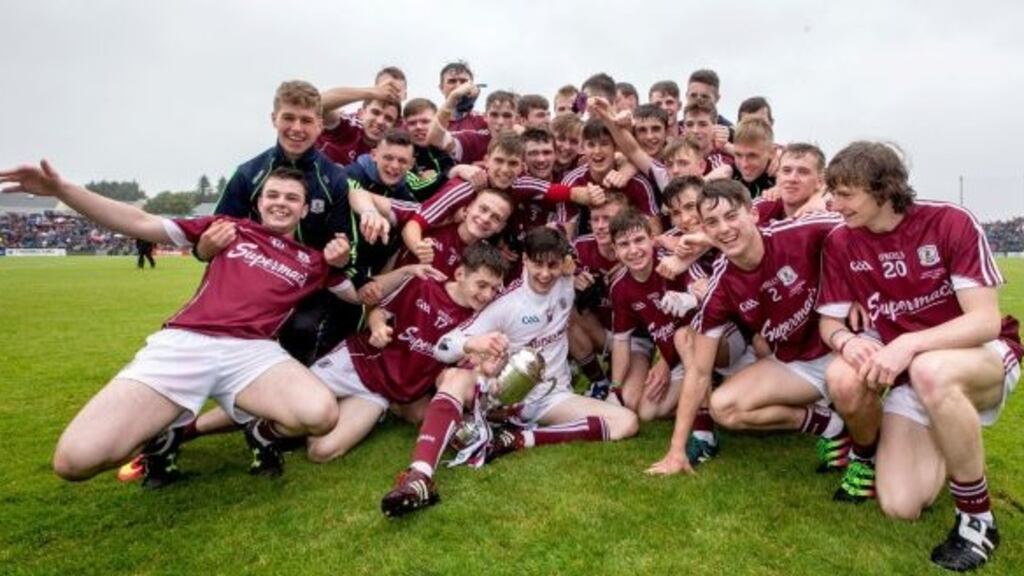 Galway’s minor team celebrate their victory over Mayo in the Connacht MFC Final at Pearse Stadium in Salthill earlier this month. Photograph: James Crombie/Inpho James Crombie/Inpho