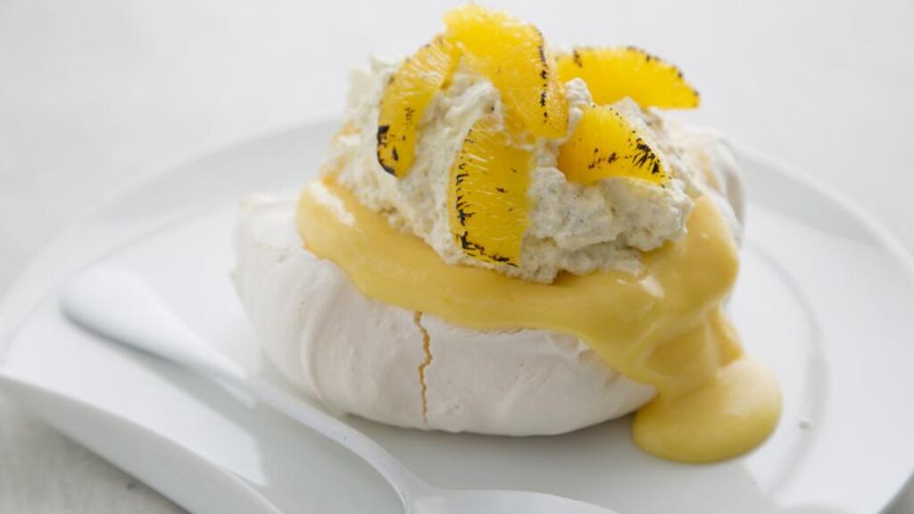 Gary O’Hanlon’s orange curd pavlova with scorched orange cream. Photograph: Harry Weir