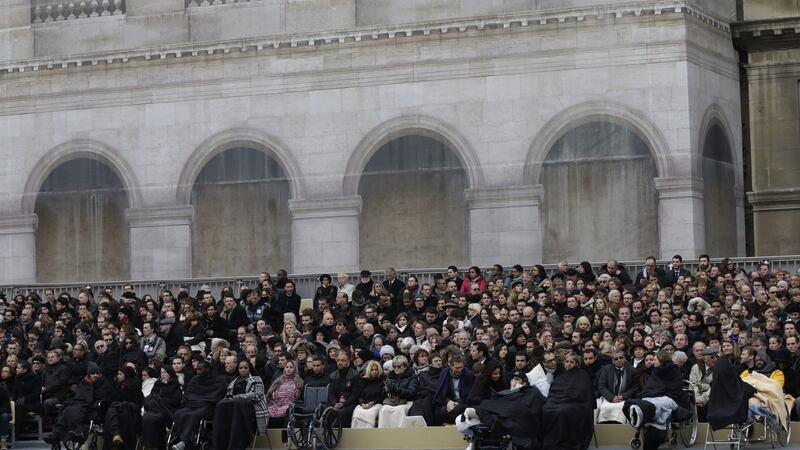 People wounded in the Paris attacks attend a ceremony to pay a national homage to the victims of the Paris attacks at Les Invalides monument in Paris. Photograph: EPA