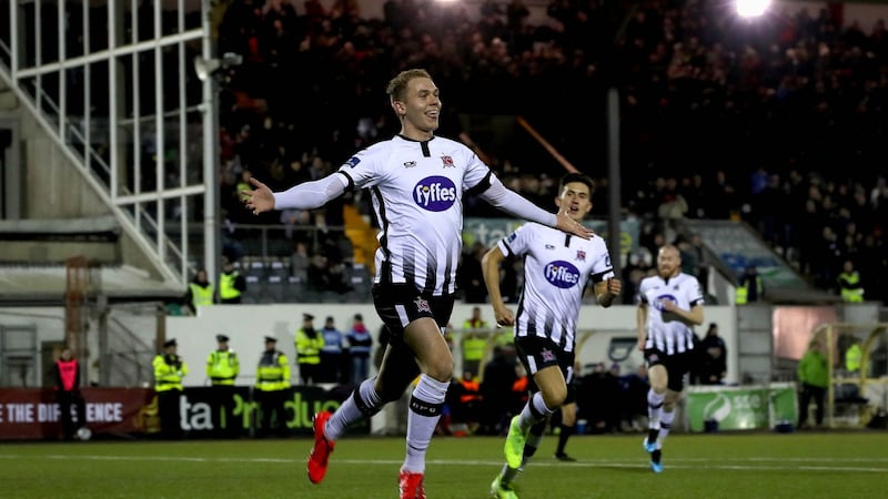 Dundalk’s Georgie Kelly celebrates scoring his side’s first goal in the Unite the Union Champions Cup second leg against Linfield at Oriel Park. Photograph: Ryan Byrne/Inpho