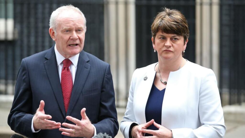 Northern Irish First Minister Arlene Foster and her deputy Martin McGuinness outside 10 Downing Street after holding talks with British prime minister Theresa May. Photograph: Daniel Leal-Olivas/AFP/Getty Images