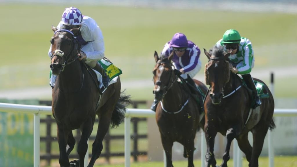 Trading Leather, with Keving Maning up, lands the TRM Silver Stakes at the Curragh. Photograph: Barry Cronin/PA