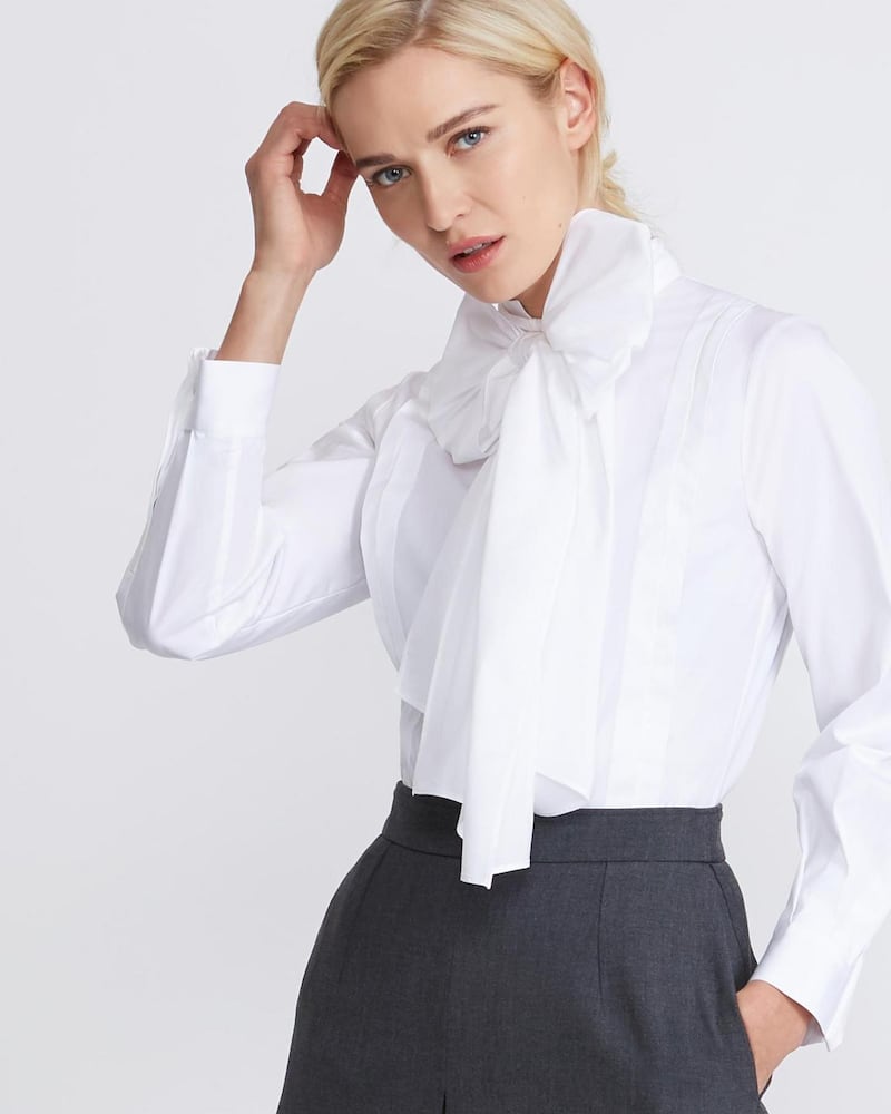 Peter O’Brien for Dunnes Stores: frill-cuff white shirt, €120; tuxedo trousers, €150