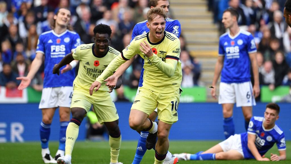 Arsenal’s Emile Smith Rowe celebrates after scoring his team’s second goal during the Premier League win over Leicester City. Photo: Justin Tallis/AFP via Getty Images