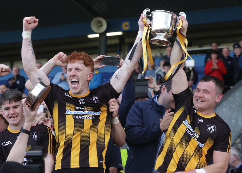Strokestown's captains Diarmuid McGann and David Neary celebrate their win over Boyle in the Roscommon SFC final at Hyde Park. Photograph: John McVitty/Inpho
