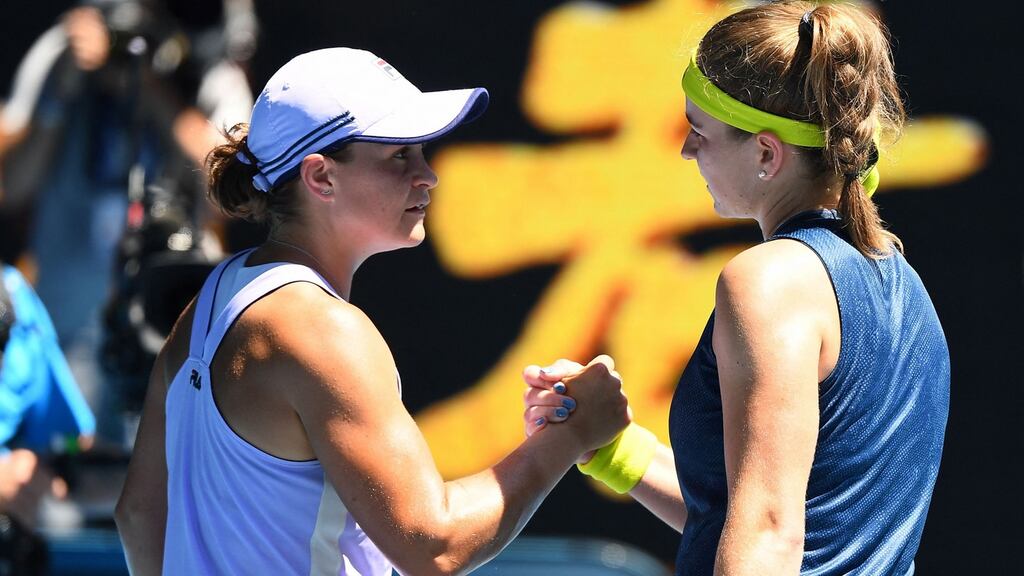 Czech Republic’s Karolina Muchova (R) shakes hands with Australia’s Ashleigh Barty after her quarter-final win. Photograph:William West/Getty/AFP