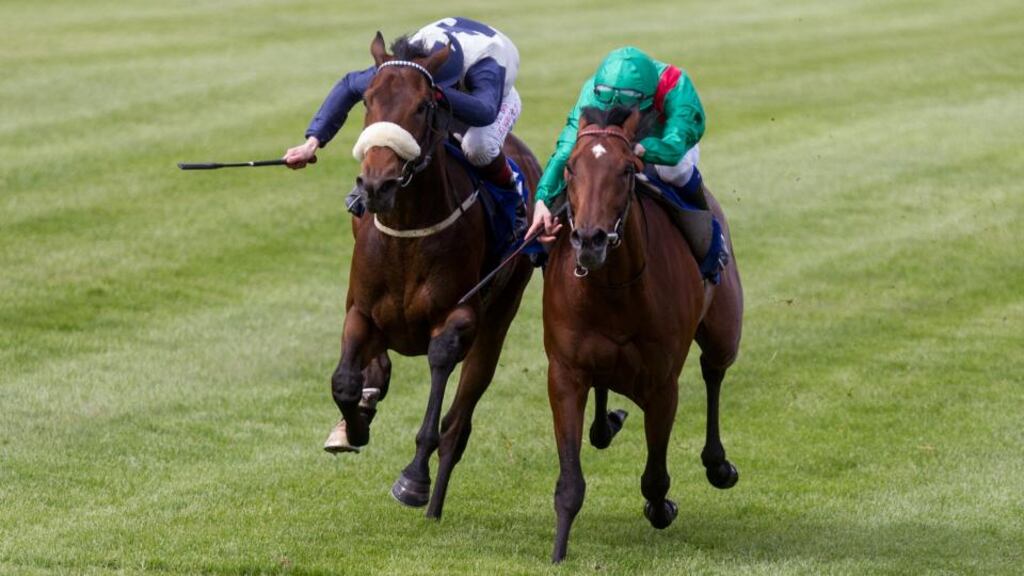 Ebanoran (right), with Declan McDonogh on board, beats Fascinating Rock and Pat Smullen in the Derrinstown Stud Stakes but lost the race in the stewards’ room.
