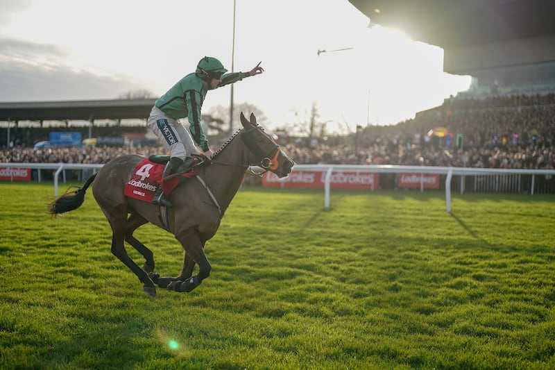 Gavin Sheehan riding Hewick celebrates winning the King George VI Chase at Kempton Park Racecourse on December 26th, 2023. Photograph: Alan Crowhurst/Getty Images