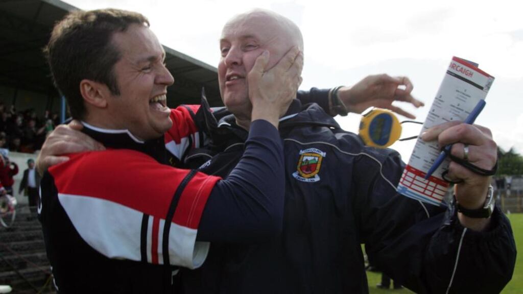 Noel Connelly and Pat Holmes, pictured here after leading Mayo to the under-21 All-Ireland title in 2006, will replace James Horan as joint managers of the senior team. Photograph: Lorraine O’Sullivan/Inpho