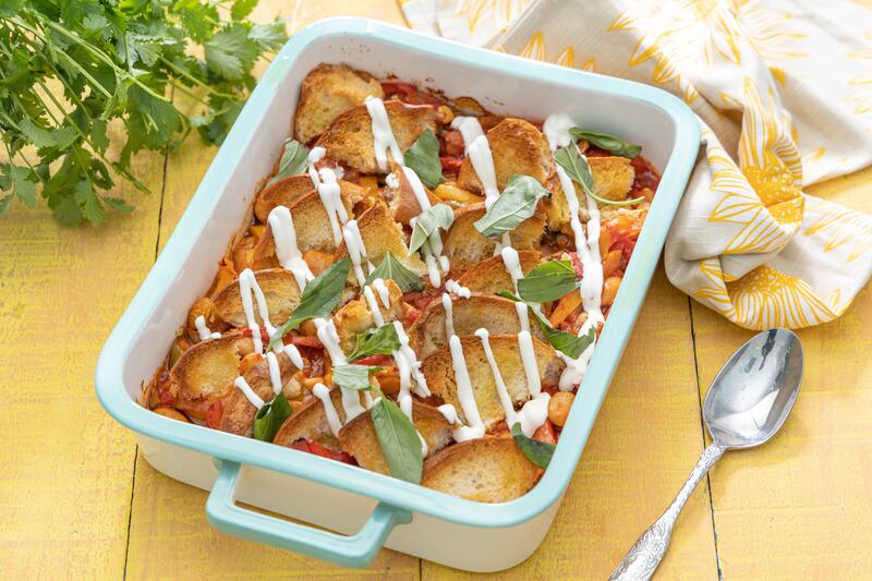 Spiced red pepper and brioche bake. Photographs: Harry Weir