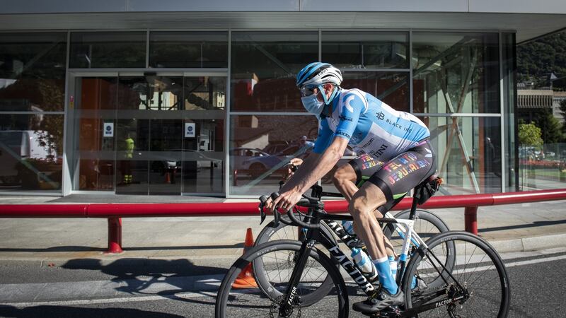 Dan Martin wears a facemask during a training camp in Andorra. Photograph: Noa Arnon/Israel Cycling Academy