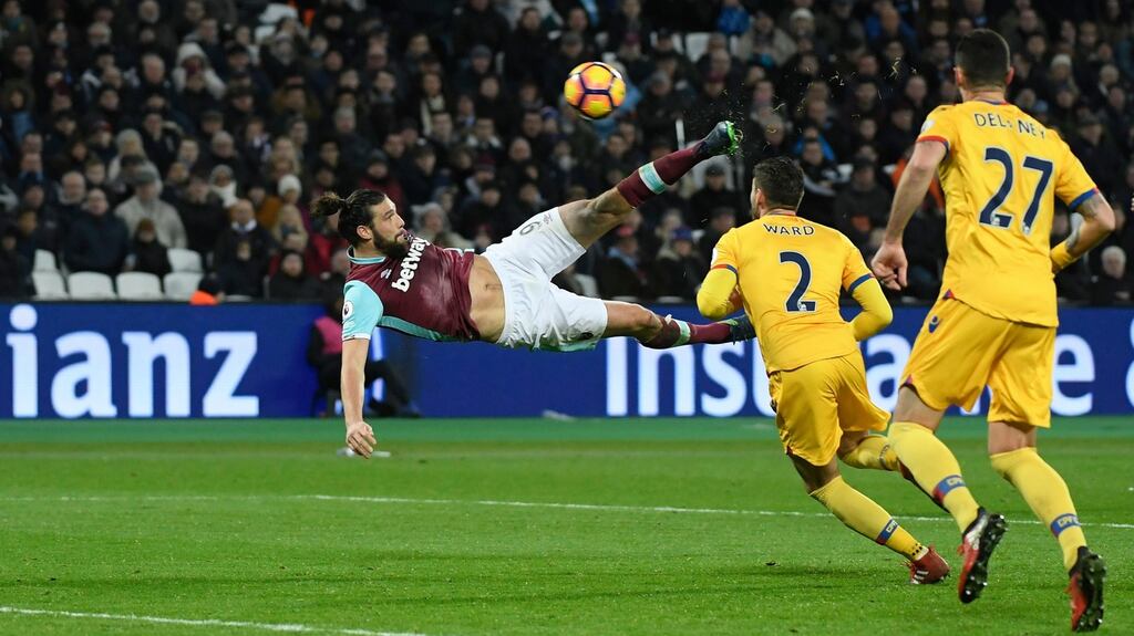 West Ham United’s Andy Carroll scores a sensational overhead kick in their Premier League win over Crystal Palace. Photo: Toby Melville/Reuters