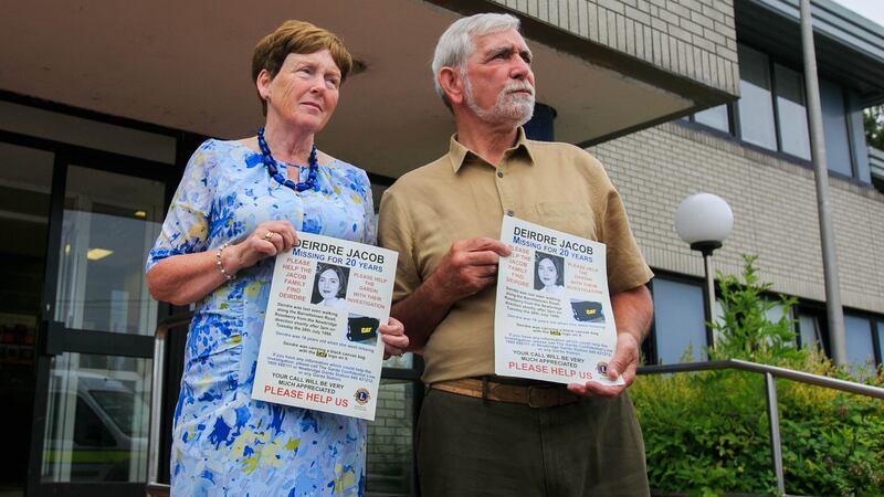Parents of Deirdre Jacob, Michael and Bernadette Jacob,  at Naas Garda station, Co Kildare during an appeal to the public marking the 20th Anniversary Deirdre’s  disappearance this year. Photograph: Gareth Chaney/Collins