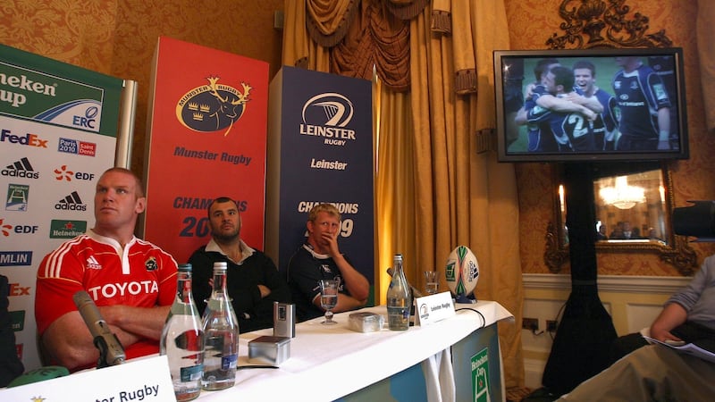 Paul O’Connell, Cheika and Leo Cullen ahead of the 2009/10 Heineken Cup. Photo: Billy Stickland/Inpho
