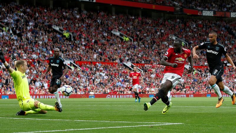 Romelu Lukaku scores Manchester United’s opener against West Ham. Photograph: Andrew Yates/Reuters
