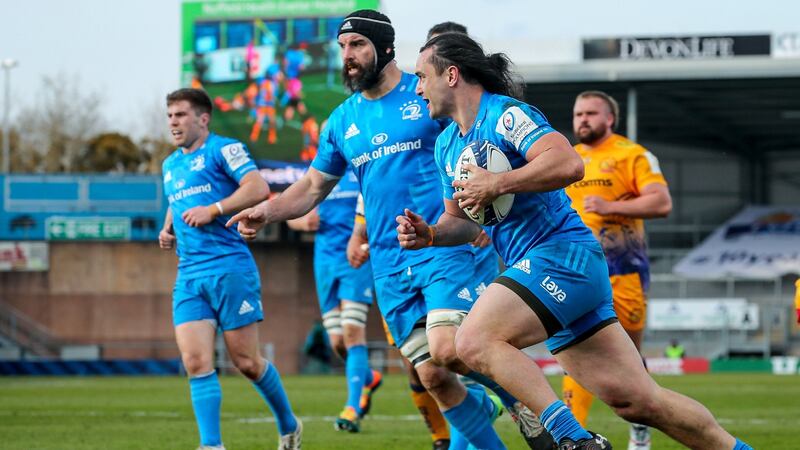 Leinster’s James Lowe scores a try during the Heineken Champions Cup quarter-final against Exeter Chiefs at Sandy Park. Photograph: James Crombie/Inpho