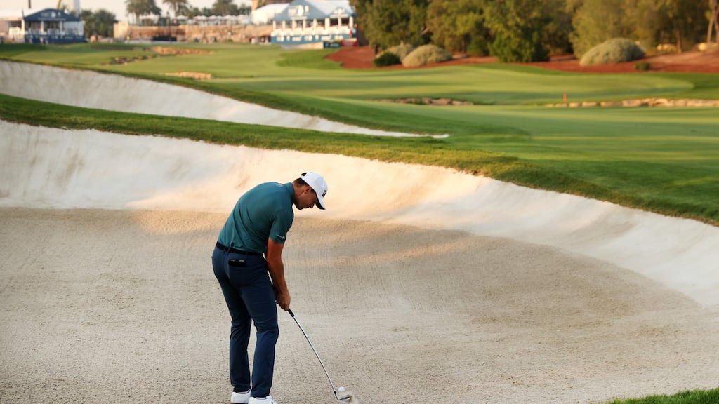 France’s  Victor Perez  plays his second shot on the 18th hole during the first round  of the DP World Tour Championship at Jumeirah Golf Estates  in Dubai. Photograph: Francois Nel/Getty Images