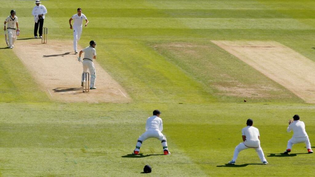 England’s Steven Finn gets an edge through to Ian Bell to dismiss Australia batsman Adam Voges during the third Test at Edgbaston in Birmingham. Photograph: Carl Recine/Action Images via Reuters/Livepic