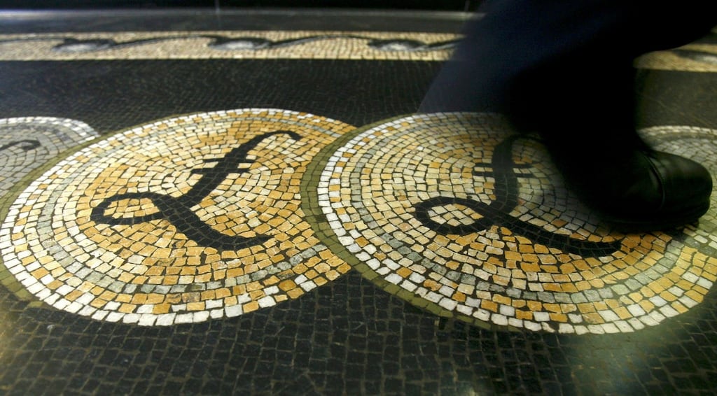 Sterling symbols on the Bank of England floor: the currency fell below $1.29 on Monday, the lowest level since July 11th and down 0.2 per cent on the day.