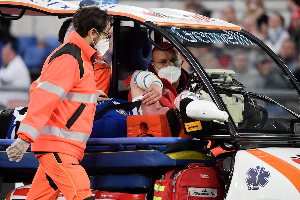 Italy's flanker Sebastian Negri leaves the pitch injured against England during last year's Six Nations. Photograph: Fillipo Monteforte/AFP via Getty Images