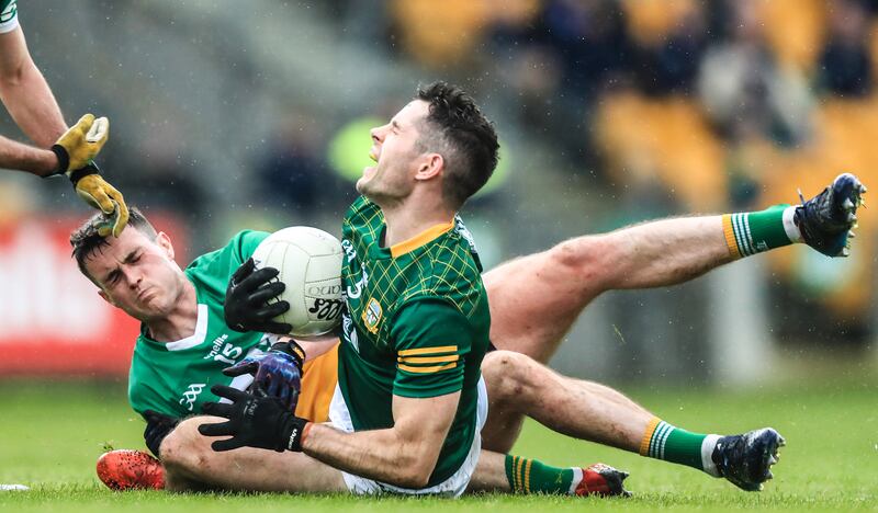 Meath's Donal Keogan with Jamie Evans of Offaly – Keogan has been the county’s gem in an era of dust. Photograph: Evan Treacy/Inpho