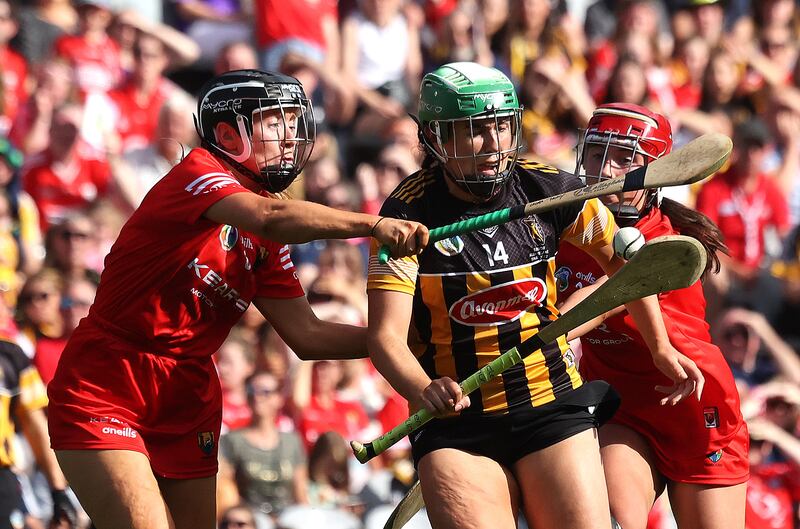 Cork's Laura Tracey and Miriam Walsh of Kilkenny in action during the enthralling All-Ireland senior camogie final at Croke Park. Photograph: Bryan Keane/Inpho