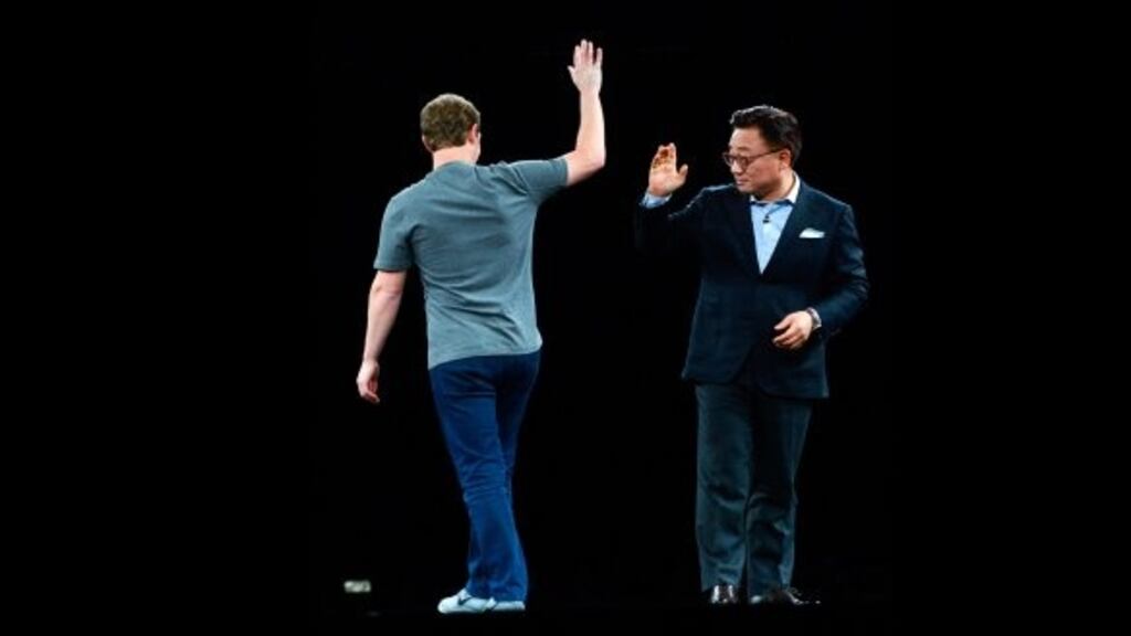 Facebook’s Mark Zuckerberg and Samsung’s DJ Koh: Zuckerber said “VR is the next platform,” adding that the trend for using the technology for gaming and entertainment was changing. “That’s why Facebook is investing early on.” Photograph: Getty Images