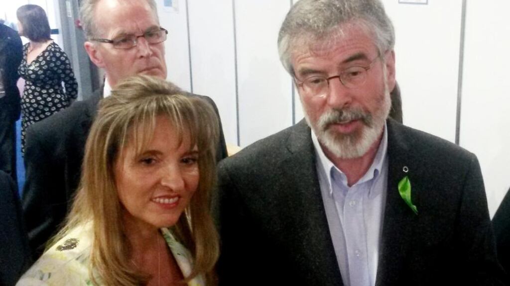 Martina Anderson pictured with Gerry Adams at the King’s Hall, Belfast during counting for Northern Ireland’s three seats in the European Parliamentary elections today. Photograph: PA