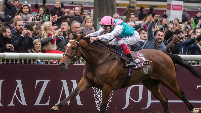 Frankie Dettori and Enable win the 96th Qatar Prix de l’Arc de Triomphe race at Chantilly. Photograph: EPA