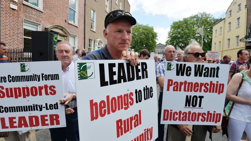 Protesters at a rally outside the Dáil in 2014 to protest about proposed changes to the Leader programme. File photograph: Alan Betson/The Irish Times