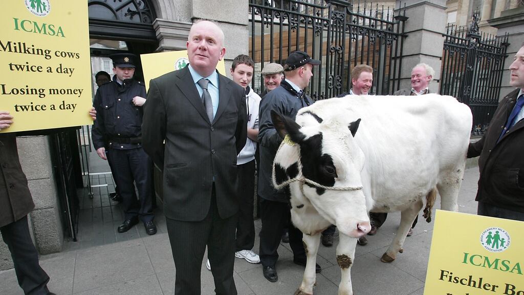 The president of the ICMSA Jackie Cahill with dairy farmers outside Leinster House protesting about the collapse in milk prices. Photograph: Brenda Fitzsimons
