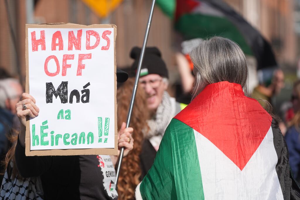 Demonstrators take part in a pro-Palestine demonstration outside Leinster House, Dublin, earlier this month. Photograph: Brian Lawless/PA