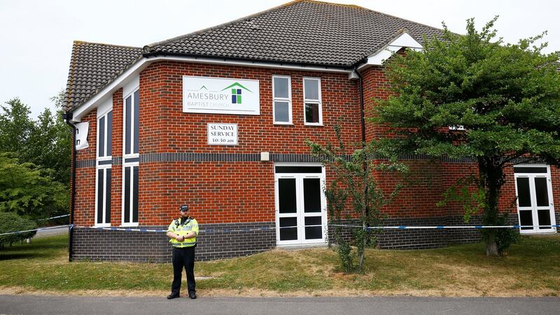 A police officer stands in front of Amesbury Baptist Church which has been cordoned off. Photograph: Henry Nicholls/Reuters.