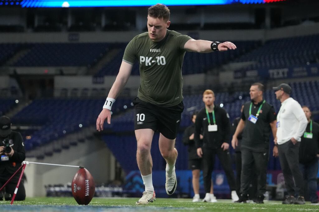 Money shot: Rory Beggan shows his kicking skills to American recruiters in Indianapolis on Sunday. Photograph: Kirby Lee/Inpho/USA Today