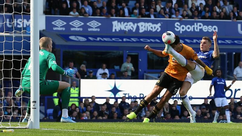 Raul Jimenez heads home Wolves’ second to make it 2-2 at Goodison Park. Photograph: Jan Kruger/Getty