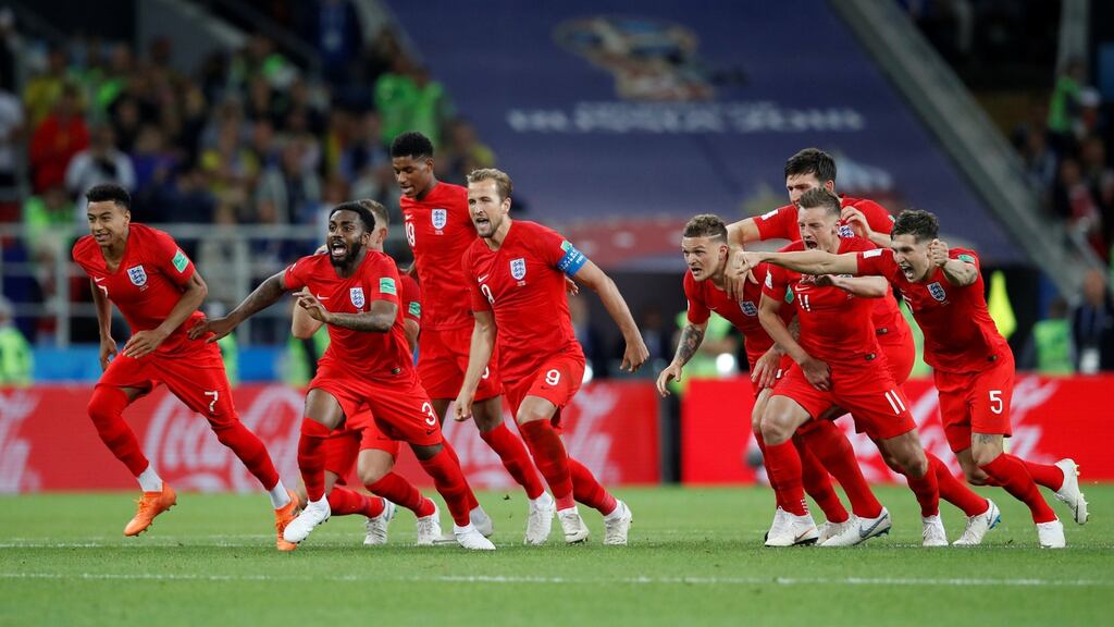 England players react after Eric Dier scored the winning penalty during the shootout against Colombia in the Round of 16 game at the Spartak Stadium in Moscow. Photograph: Carl Recine/Reuters