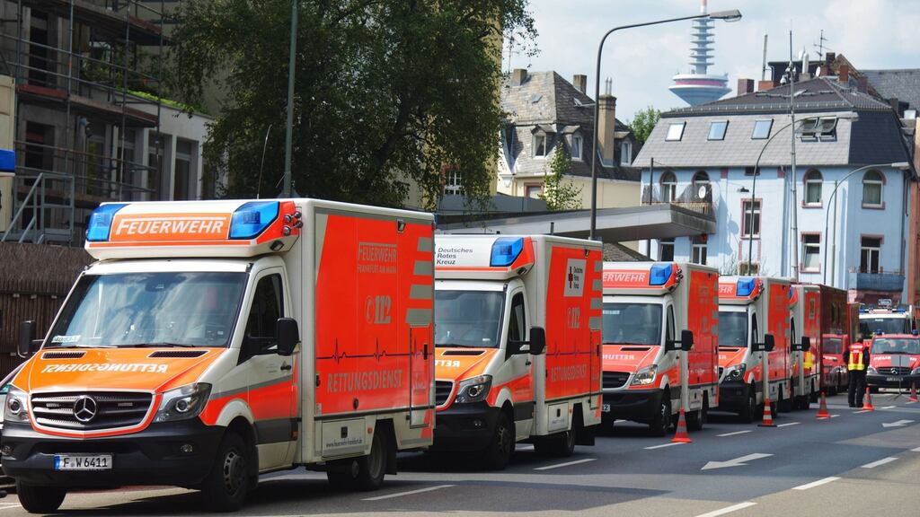 Ambulance cars queue during the evacuation of the ‘Citizens hospital’ in Frankfurt, Germany. Photograph: Bernd Kammerer/EPA