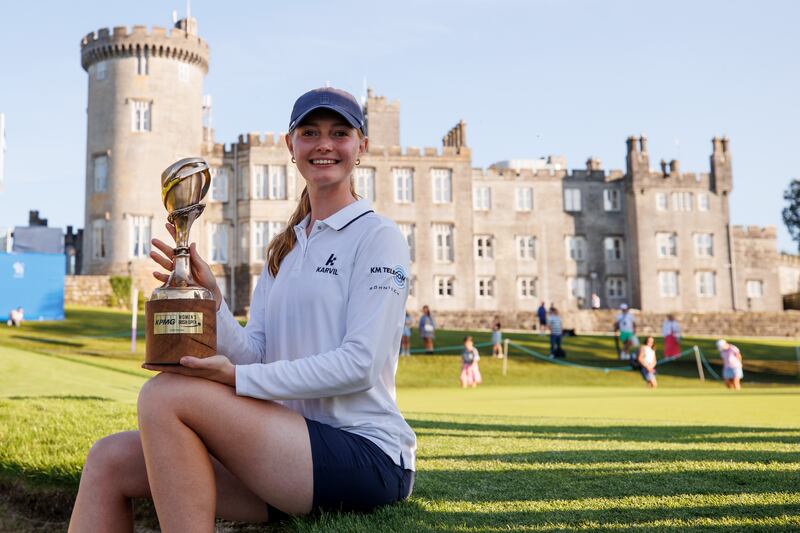 Smilla Tarning Soenderby celebrates with the Women's Irish Open trophy following her playoff victory at Dromoland Castle, Co Clare. Photograph: Ben Brady/Inpho