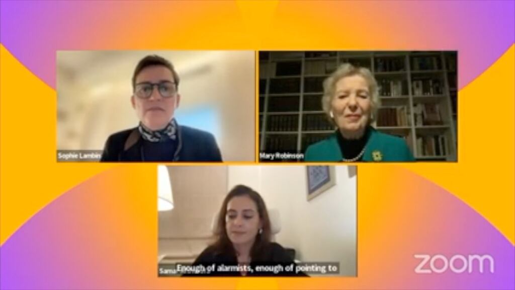 Cop28 president Ahmed Al-Jaber, speaking to Mary Robinson in November, has said there is 'no science' that phasing out fossil fuels will limit global warming