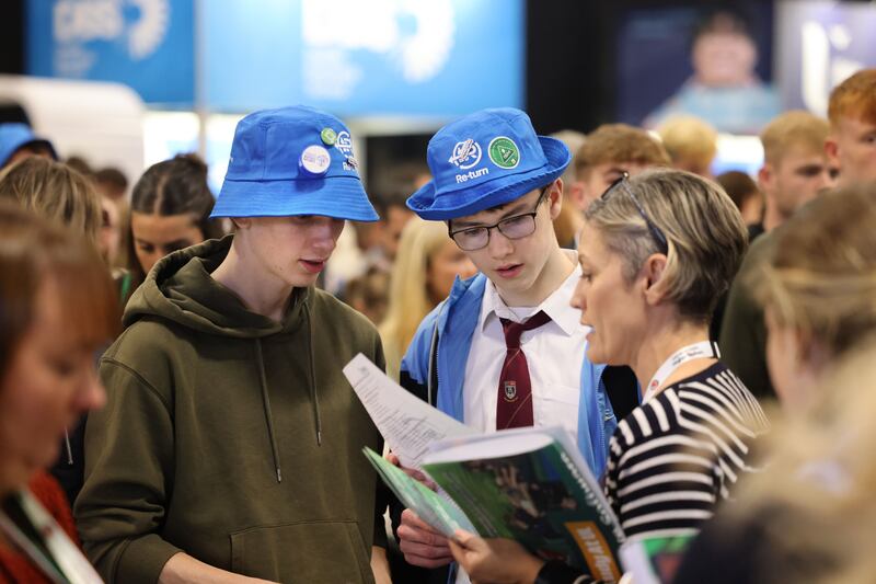 Noah Feeney and George Rice, from Belvedere College, Dublin, attend The Irish Times, Higher Options in the RDS, Ballsbridge, Dublin.
Photograph: Dara Mac Dónaill