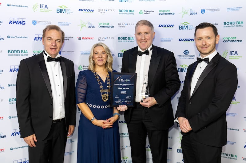 Simon McKeever and Gabrielle White of the Irish Exporters Association with Micheál Briody, Silver Hill Duck, winner of the sustainable food and drink exporter of the year category, sponsored by Bord Bia, and Shane Hamill, Bord Bia director, global business development. Photograph: Karl Hussey Photography