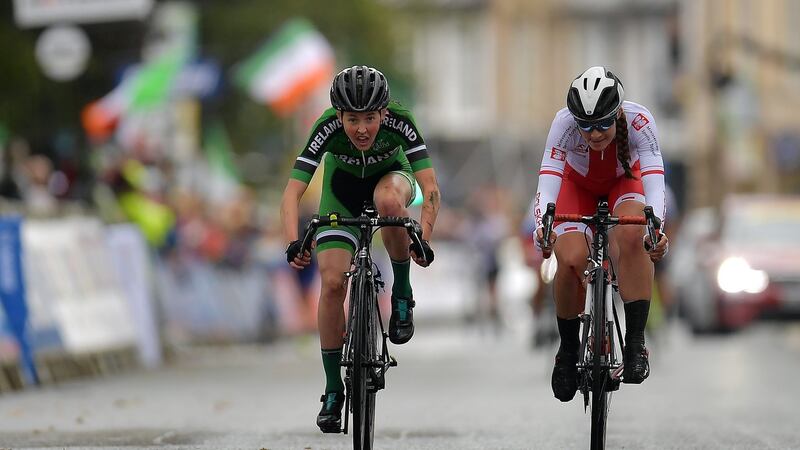 Maeve Gallagher competing in the World Cycling Championships in Harrogate in Yorkshire, where she endured a nasty crash inside the final 500 metres. Photograph: Justin Setterfield/Getty Images
