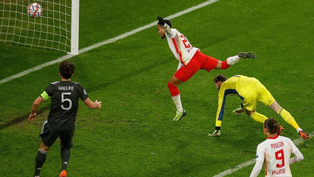 Leipzig’s Dutch forward Justin Kluivert scores their third goal. Photograph: Getty Images