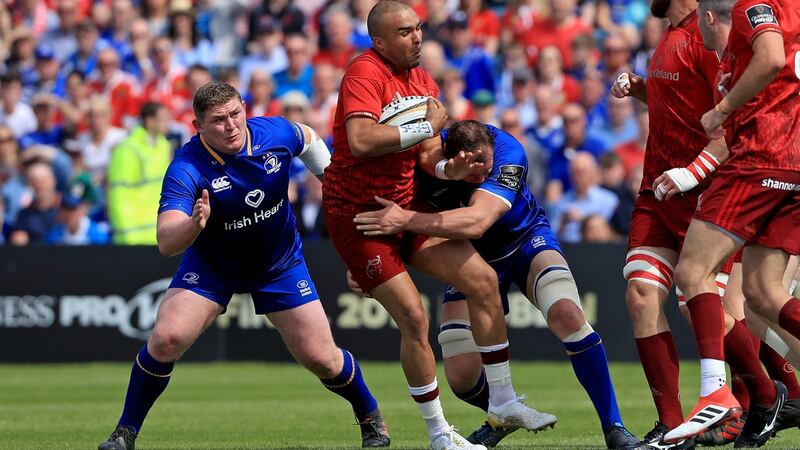 Munster’s Simon Zebo with Leinster’s Rhys Ruddock and Tadgh Furlong during the Guinness Pro14 semi-final at the RDS Arena, Dublin last Saturday. Photograph: Donall Farmer/PA Wire